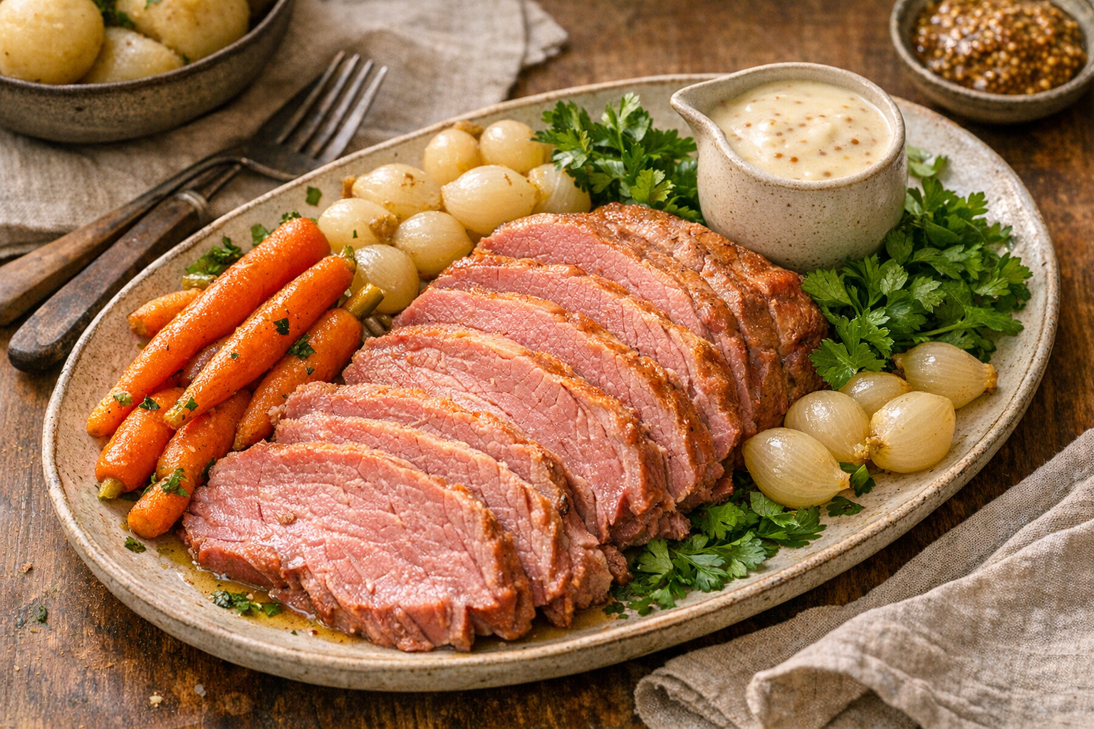 A Classic Corned Silverside Recipe with White Mustard Sauce
