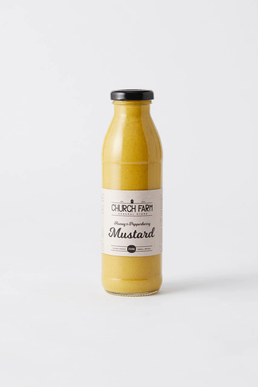 Church Farm General Store Honey and Pepperberry Mustard - Australian native pepperberry mustard in a glass jar