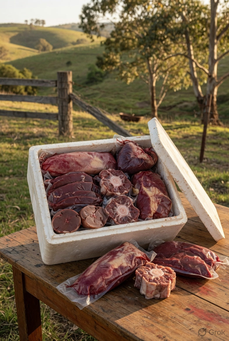 9 kg mixed assortment of offal, portioned & cryovaced for human consumption.